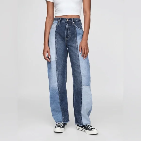 GAP Blue Patchwork High Waisted Barrel Jeans - Picture 1 of 7